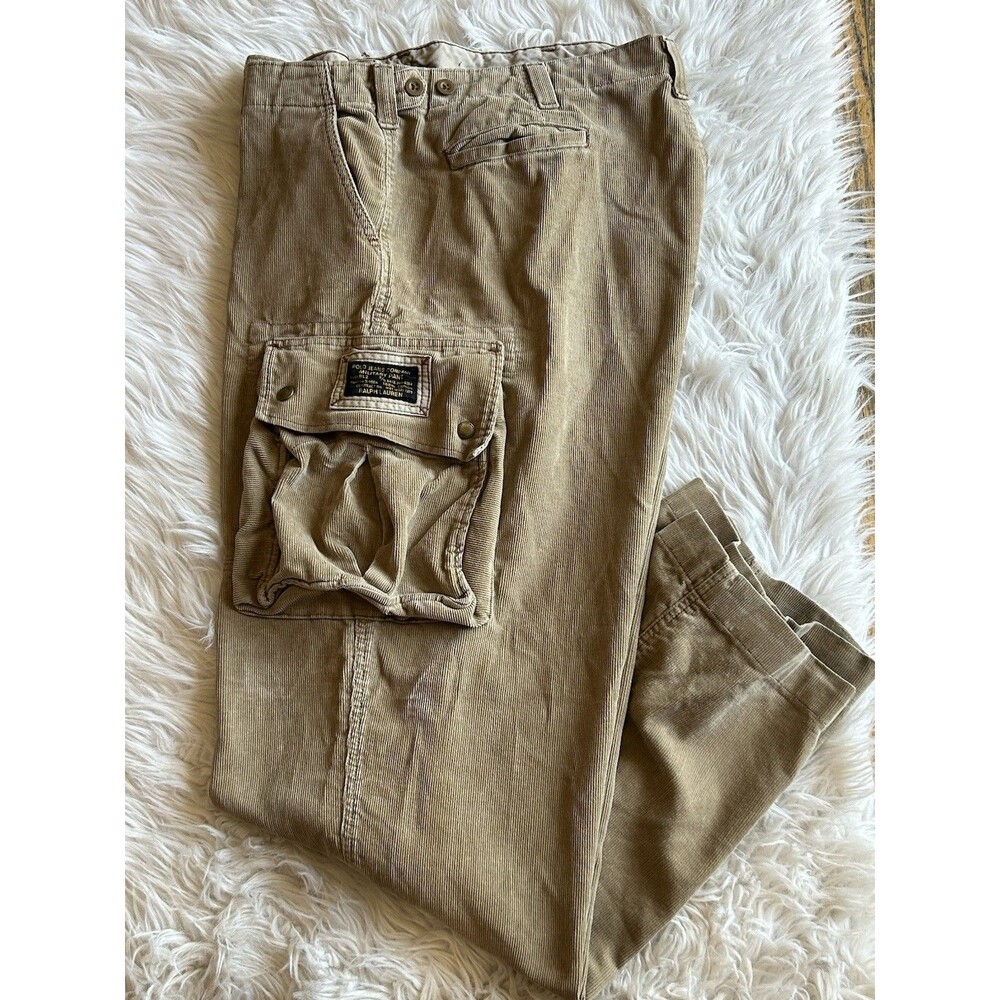 VINTAGE Polo Ralph Lauren 42X34 Corduroy Military Tan Commando Cargo Pants